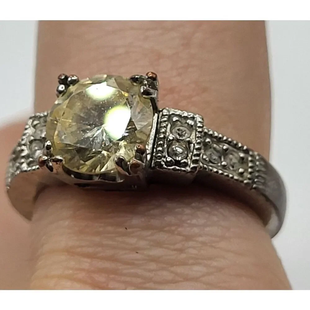 Citrine Prong Set Marcasite Ring Solitaire Size 8